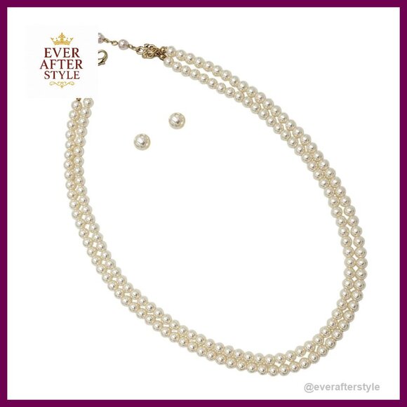 Jewelry - Double Strand Pearl Necklace Earring Set Classic Elegant Adjustable Layered